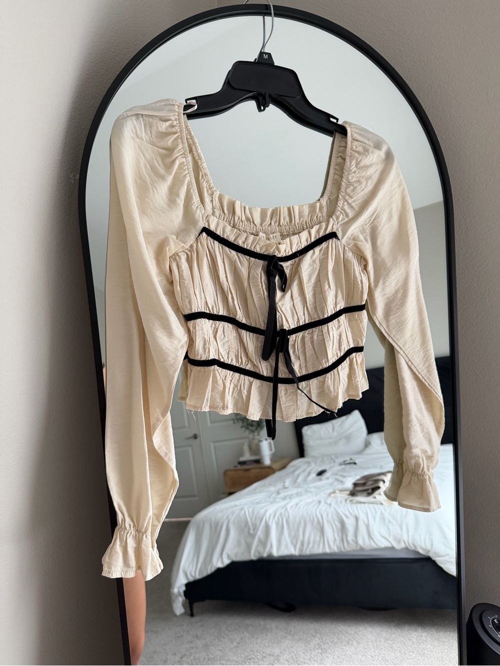 Cream Long-Sleeve Ruffle Peasant Top with Black Trim